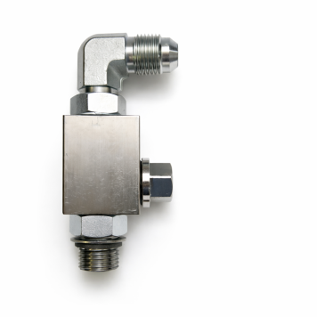 Filter: In Line 90 Degree, 9/16 - 18 thread, 50 MESH (Filters out particles .011 and larger.)